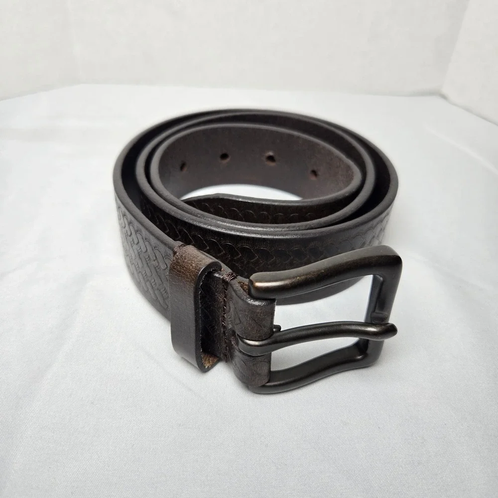 Wrangler Geniune Leather Embossed Basketweave Belt Mens 34 Brown Western Cowboy